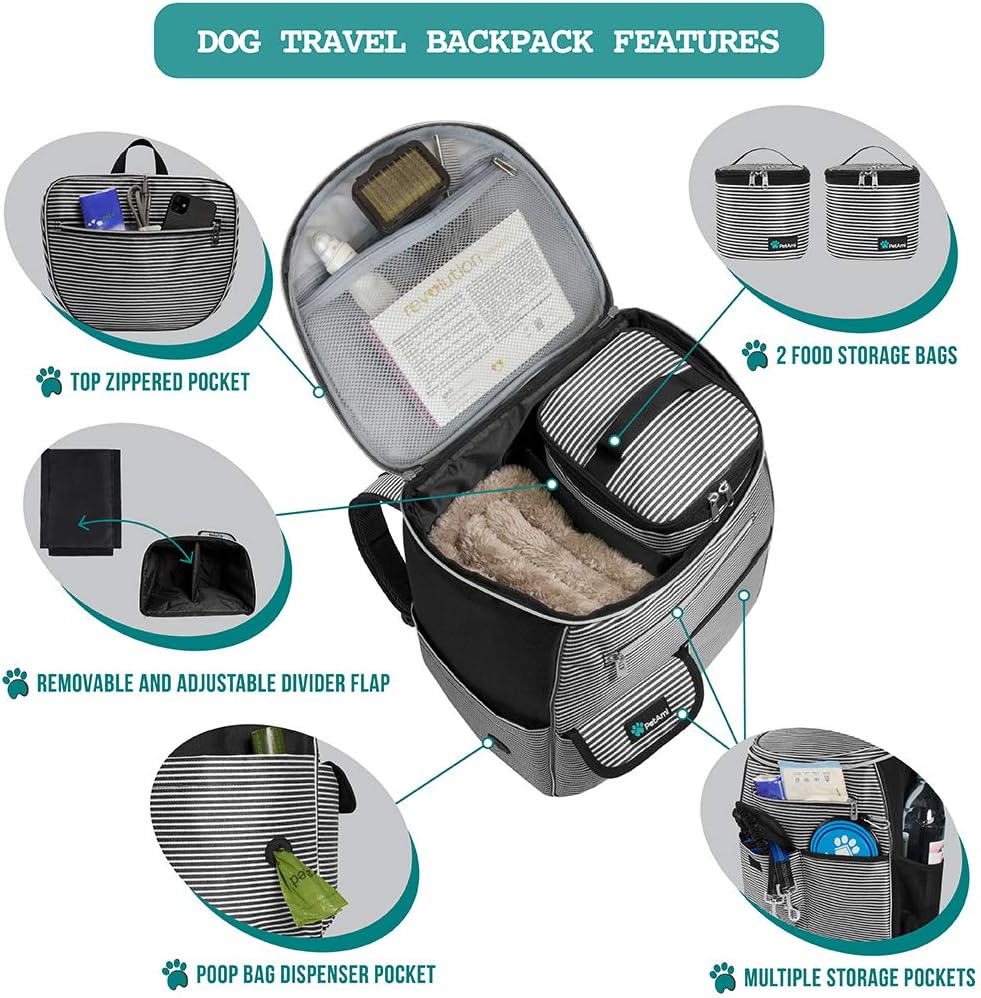 PetAmi Dog Travel Bag Backpack, Airline Approved Dog Bags for Traveling, Puppy Diaper Bag Supplies, Pet Camping Essentials Hiking Accessories Gift, Food Container, Collapsible Bowls, Stripe Black