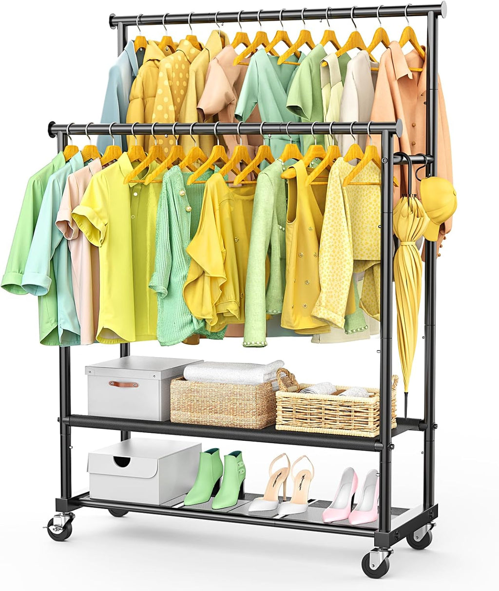 Double Rods Clothes Rack for Hanging Clothes, Heavy Duty Rolling Clothing Rack with Wheels, Freestanding Garment Racks with Oxford Bottom Shelf and Mesh Bottom Shelf for Bedroom Laundry Living Room