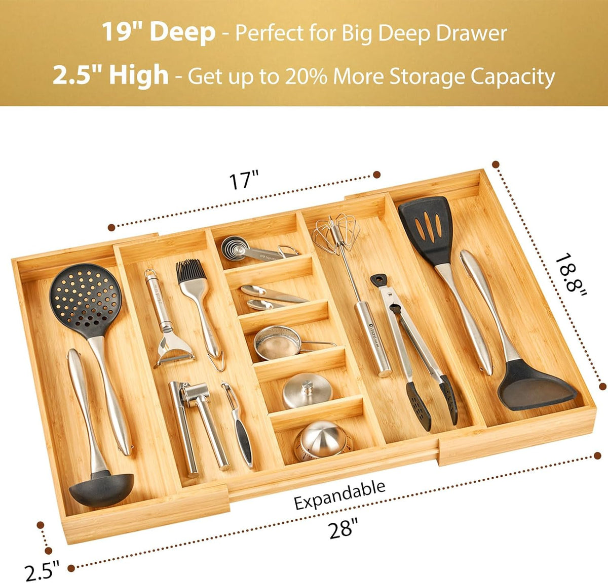Umilife Extra Large Expandable Kitchen Drawer Organizer for Utensil and Junk, 19" Deep for Big Drawer, 17" to 28" Adjustable Bamboo Wood Drawer Divider, Cutlery Tray, Flatware Holder
