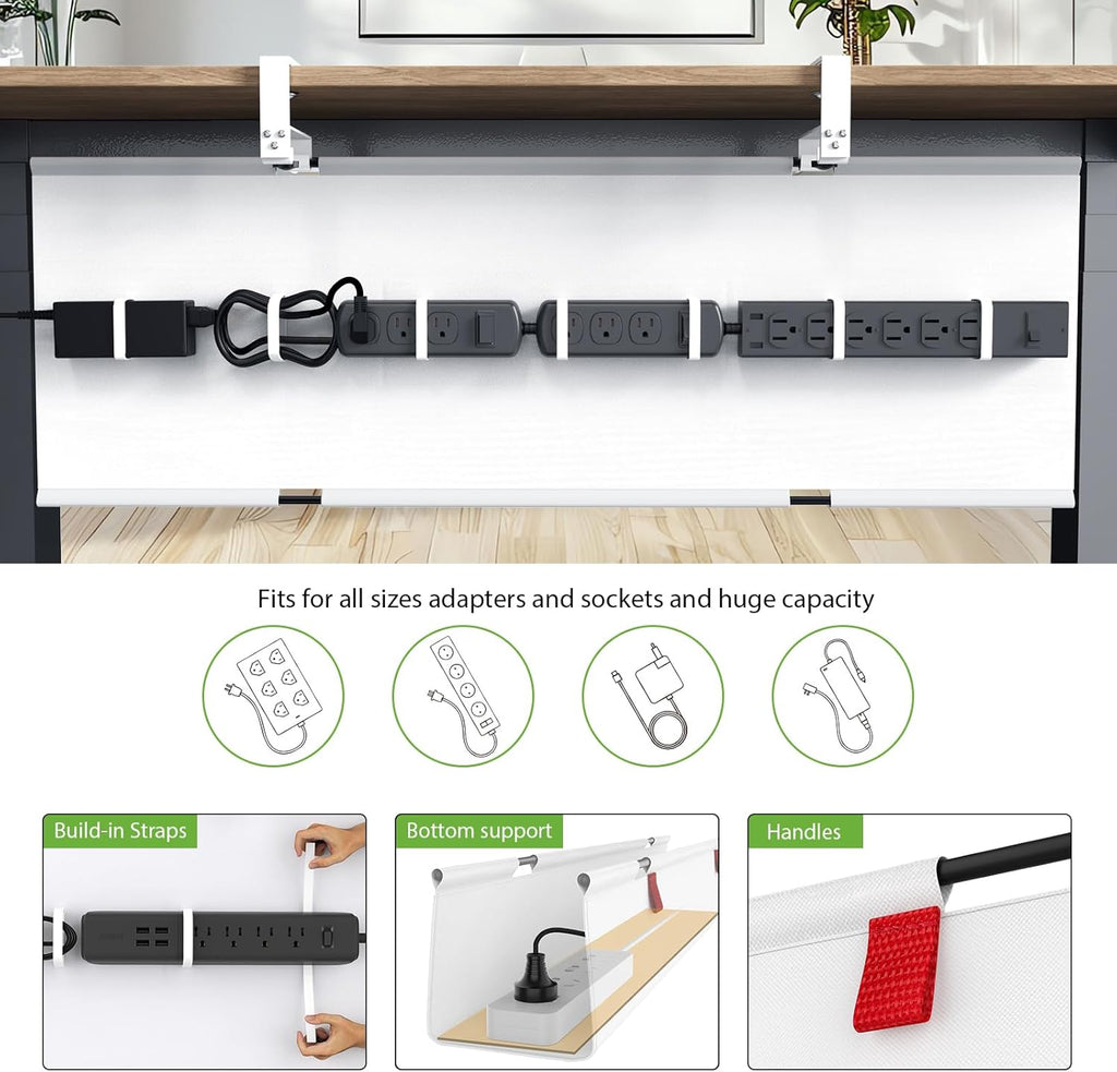 KEEGH Extra Large 48" Under Desk Cable Management Tray - Under Desk Cord Management - Clamp/Screw Mount - Support Upto 70lbs - Fabric Wire Management - Cable Raceways Cord Hider for Office/Home, White