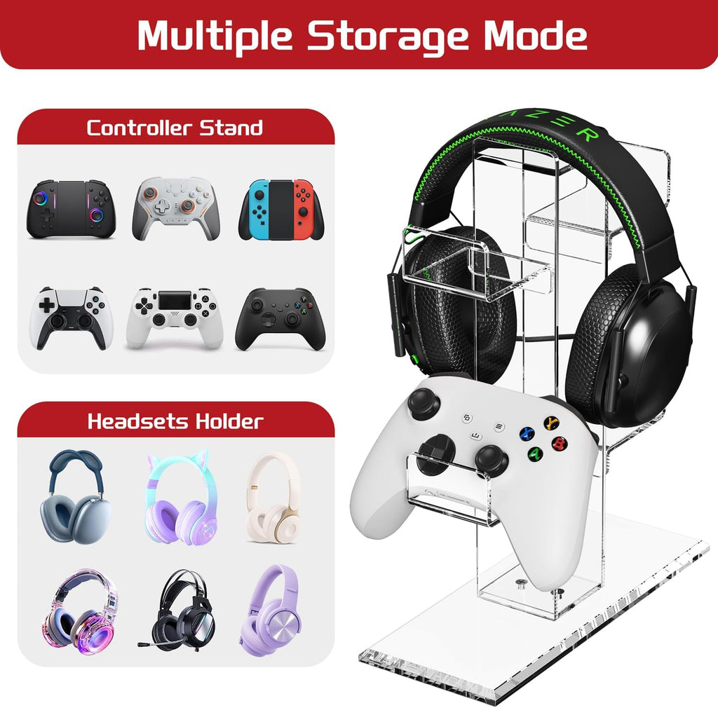 Crpich Acrylic Controller Stand, 3-Tier Headphone and Game Controller Holder with 5 Slots, Clear Desk Organizer for Xbox, PS5, PS4, Switch and More