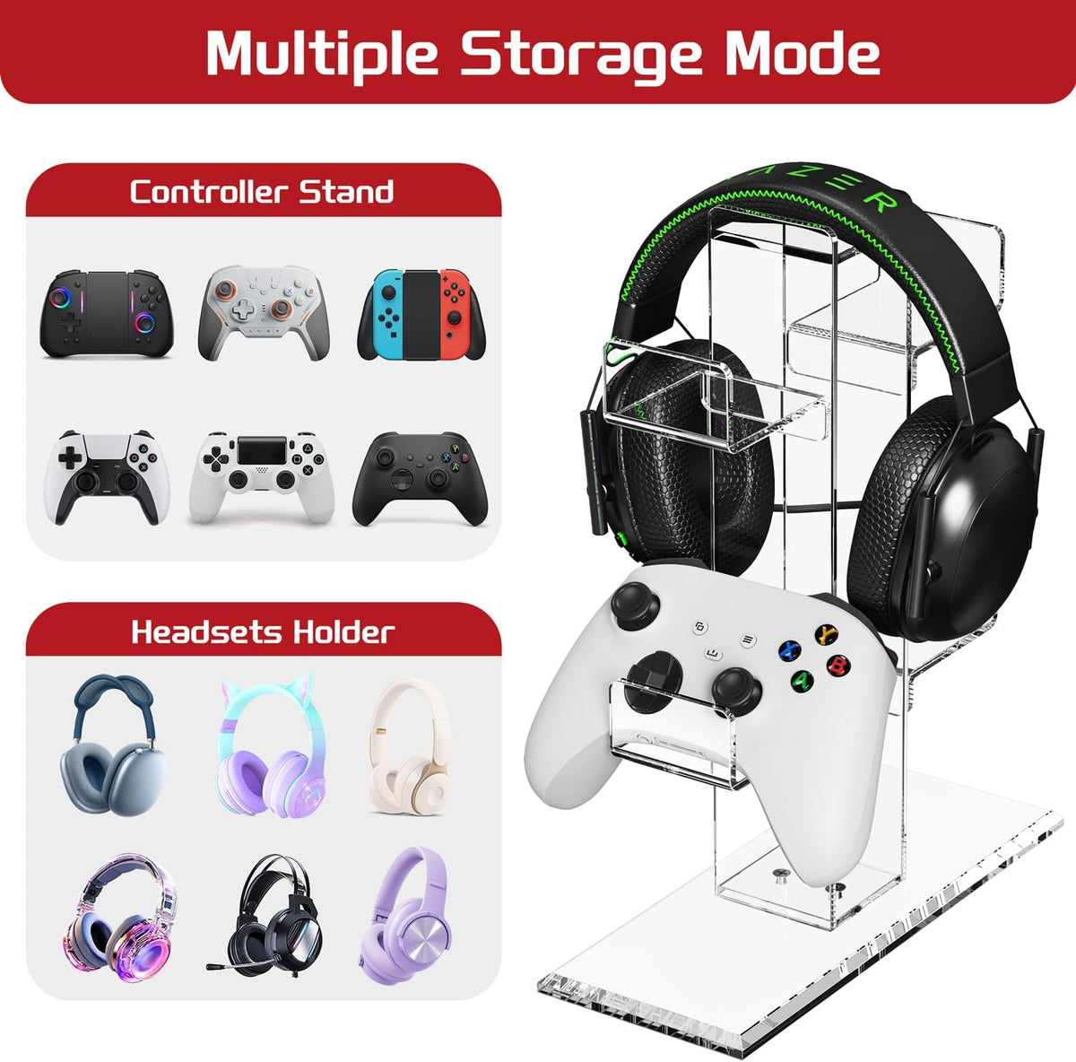 Crpich Acrylic Controller Stand, 3-Tier Headphone and Game Controller Holder with 5 Slots, Clear Desk Organizer for Xbox, PS5, PS4, Switch and More