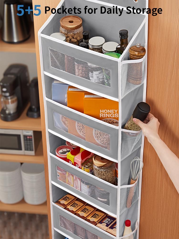 JARLINK Over The Door Organizer Storage, 5 Shelf Hanging Door Organizer with 5 Large Capacity Pockets, Anti Tilt 44 lb Load Behind Door Storage for Bedroom, Bathroom, Pantry, Nursery, (Grey)