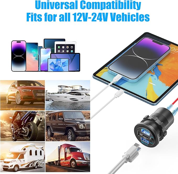 Dual PD 30W USB C Port and Dual Quick Charge 3.0 Port 12V USB Outlet with Power Switch, 78W Multiport Car Charger Socket Waterproof DIY Accessories for Car Boat Marine Motorcycle RV ATV Golf Cart