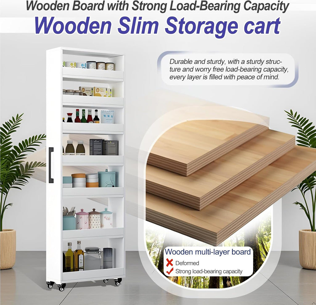7-Tier Slim Storage Cart, Wooden Rolling Pantry Cabinet with Wheels, Narrow Shelf Organizer for Kitchen, Bakers Rack, Dining Room, Closet, Small Spaces Dark Walnut 73.2" H*9.8" W*23.6" D