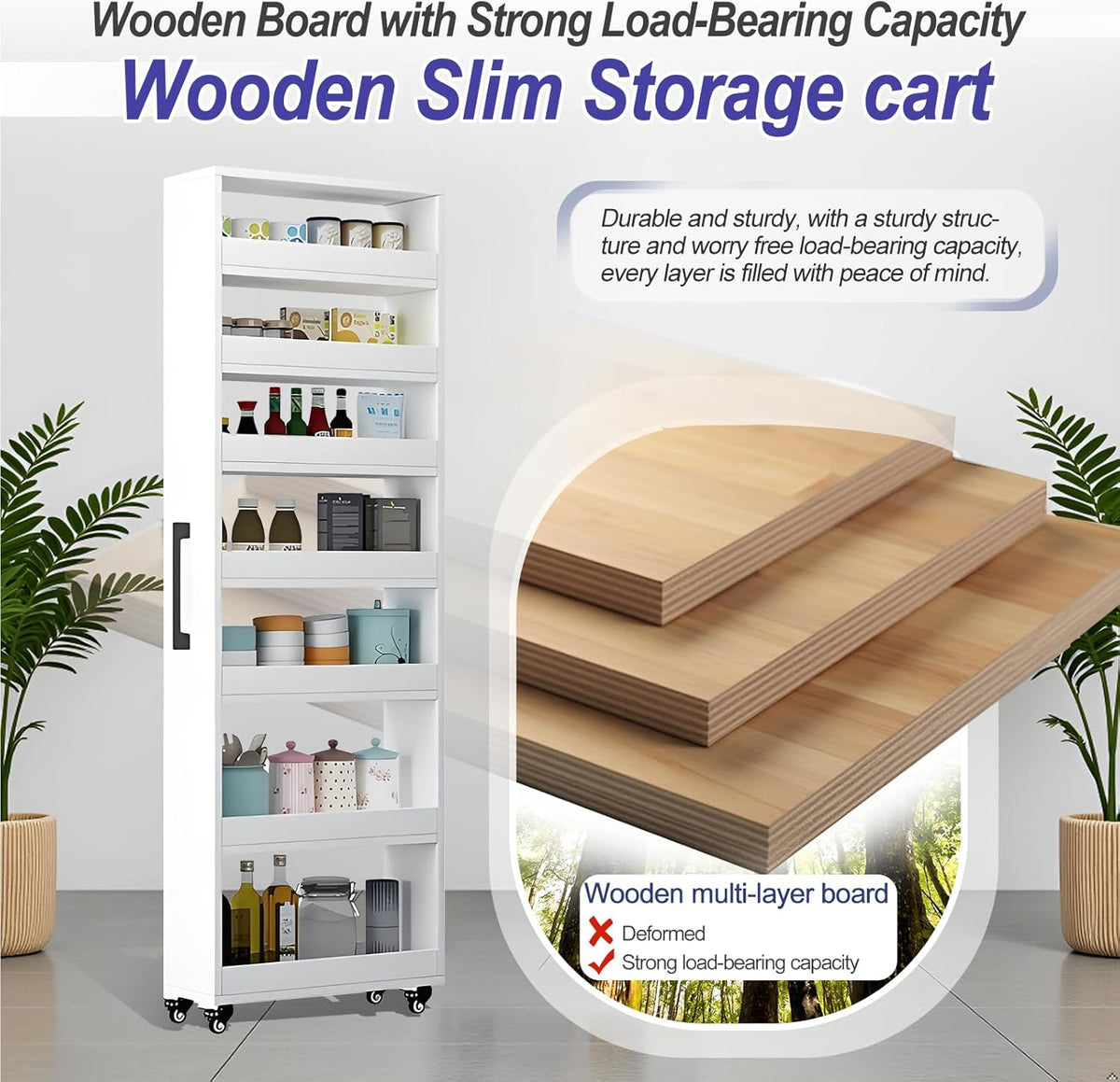 7-Tier Slim Storage Cart, Wooden Rolling Pantry Cabinet with Wheels, Narrow Shelf Organizer for Kitchen, Bakers Rack, Dining Room, Closet, Small Spaces Dark Walnut 73.2" H*9.8" W*23.6" D