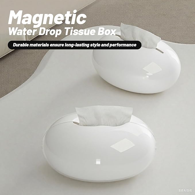 Modern Tissue Box Cover for Home and Office – Magnetic Lid Oval Tissue Holder, Inside Dimensions 8.07" × 5.91" × 3.44", Decorative Clear Double-Layer Plastic, Luxe Home Decor (White)