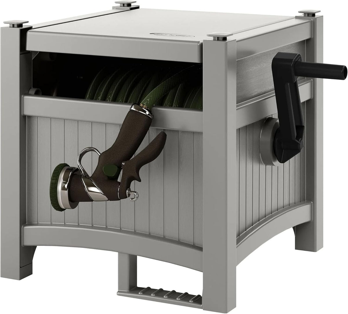100 ft Garden Hose Reel Hideaway - Holds 5/8" Hose, Durable Resin Storage with Side Handle, No Assembly Required, Compact Design (21x15.5x16 in) for Outdoor Organization, Gray
