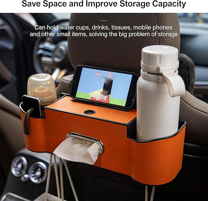 5-in-1 Car Backseat Organizer, 2026 Multifunctional Seat Back Storage Box with Cup Holder, Tissue Box, Phone Holder and 2 Hooks, Premium Leather Car Organizer for Tidy Car (Black-1pc)