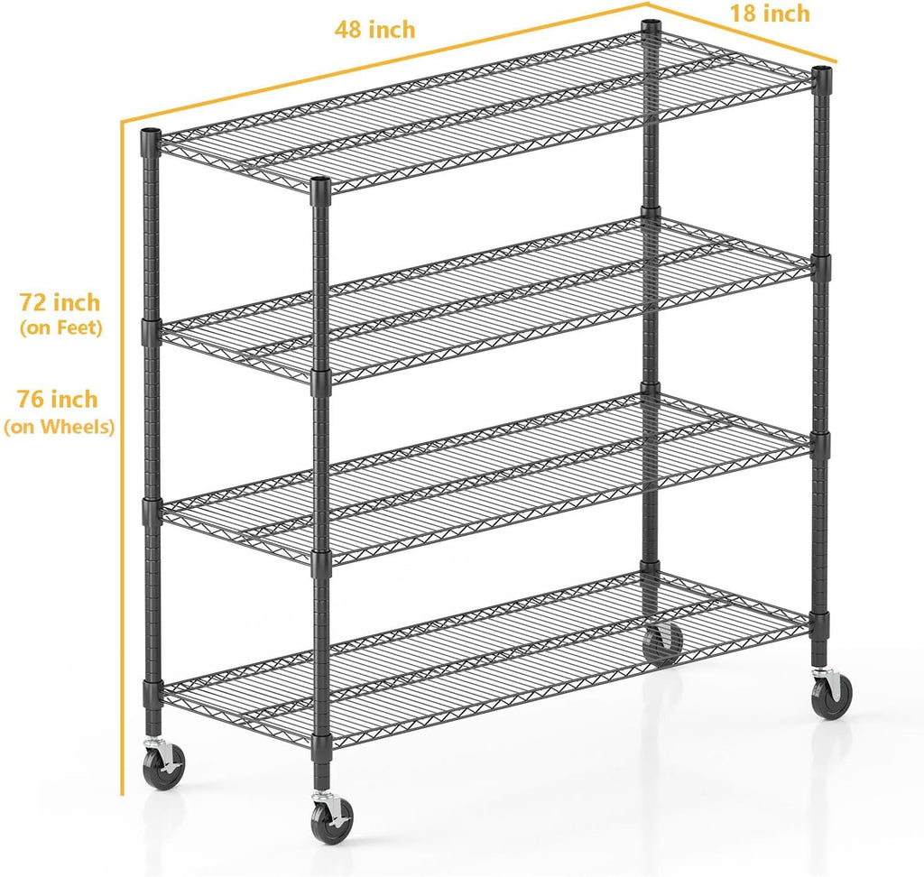 Himimi 72" H Storage Shelves 4 Tier Metal Shelving Adjustable Wire Shelf with Wheels, Heavy Duty Shelving for Garage Kitchen Pantry Bathroom Laundry 18" D*48" W*72" H, Black