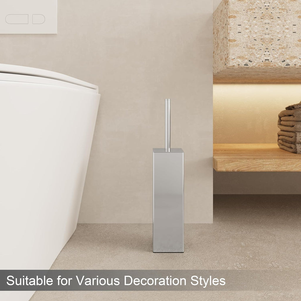 Chrome Square Stainless Steel Toilet Brush with Holder, 304 Modern Toilet Brush Set – Rust Resistant, Long Handle, Replacement Heads, Floor Standing Bathroom Toilet Cleaning Brush