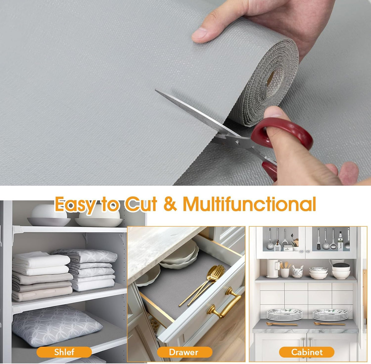 Shelf and Drawer Liner for Kitchen Cabinets Non-Adhesive, Strong Grip Non-Slip Thickened Cabinet Liners for Shelves, Waterproof Mats for Dresser Cupboard, Pure Gray, 12 in x 30 Feet