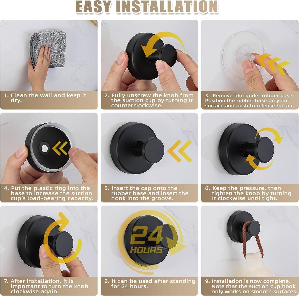 Suction Cup Hooks for Shower No-Drill Bathroom Hooks for Towels, Robes, Loofah Mountable on Bathroom Walls, Kitchen, Glass, Mirrors, Tile and Smooth,Non-Porous Surfaces (4, Matte Black)