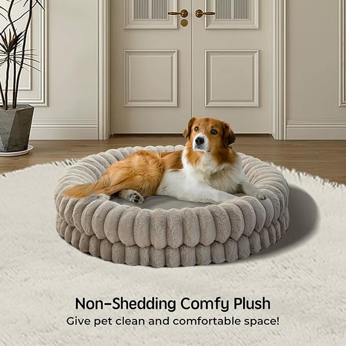 BALANCE Luxury Donut Dog Bed, 36 Inches Round Dog Beds Large Sized Dogs Washable, Orthopedic Calming Dogs Bed for Pets with Anti-Slip Bottom, Oatmeal