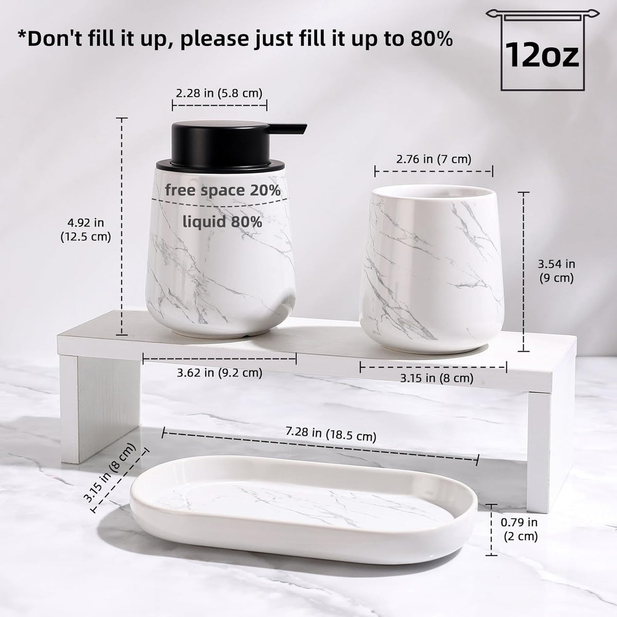 BosilunLife Marble Bathroom Accessory Set - 3 pcs Ceramic Bathroom Soap Dispenser Set Farmhouse Bathroom Counter Decor Set Accessories, Soap Dispenser and Toothbrush Holder, Tray