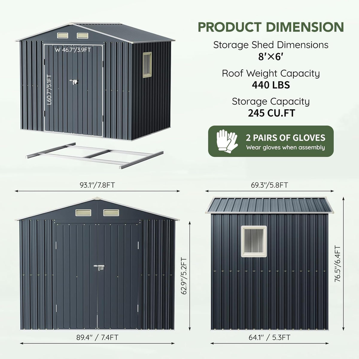 Breezz 6x4FT Metal Storage Shed with Floor Frame & Lockable Doors, Outdoor Steel Garden Shed with Clear Window, Weatherproof Tool Storage for Patio, Yard, and Backyard, Nightblue