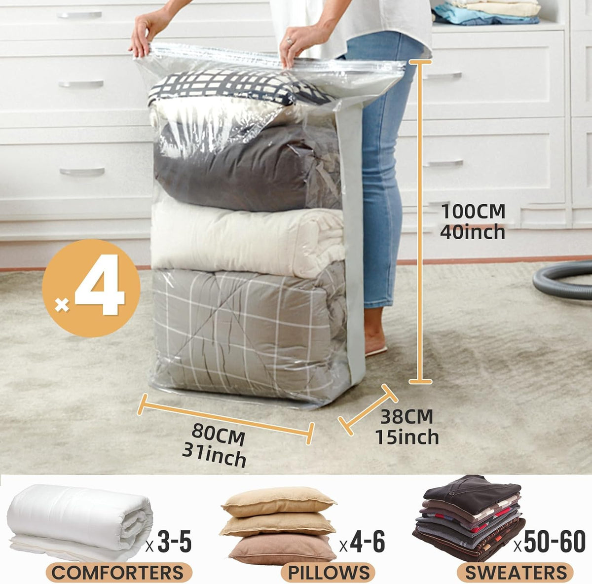 TAILI Vacuum Storage Bags 4 Pack, Jumbo Cube (31x40x15 Inch), Extra Large Vacuum Seal Bags for Clothing, Comforters, Blankets, Bedding, Sweater, Closet Organizers, Space Saving, Cream
