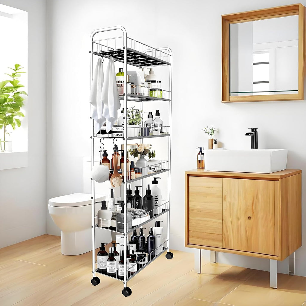 6 Tier 10in Slim Rolling Storage Cart with Handle, White Mobile Shelving Unit with Wheels, Metal Wire Storage Rack with Baskets for Kitchen Bathroom Office Laundry Narrow Piaces