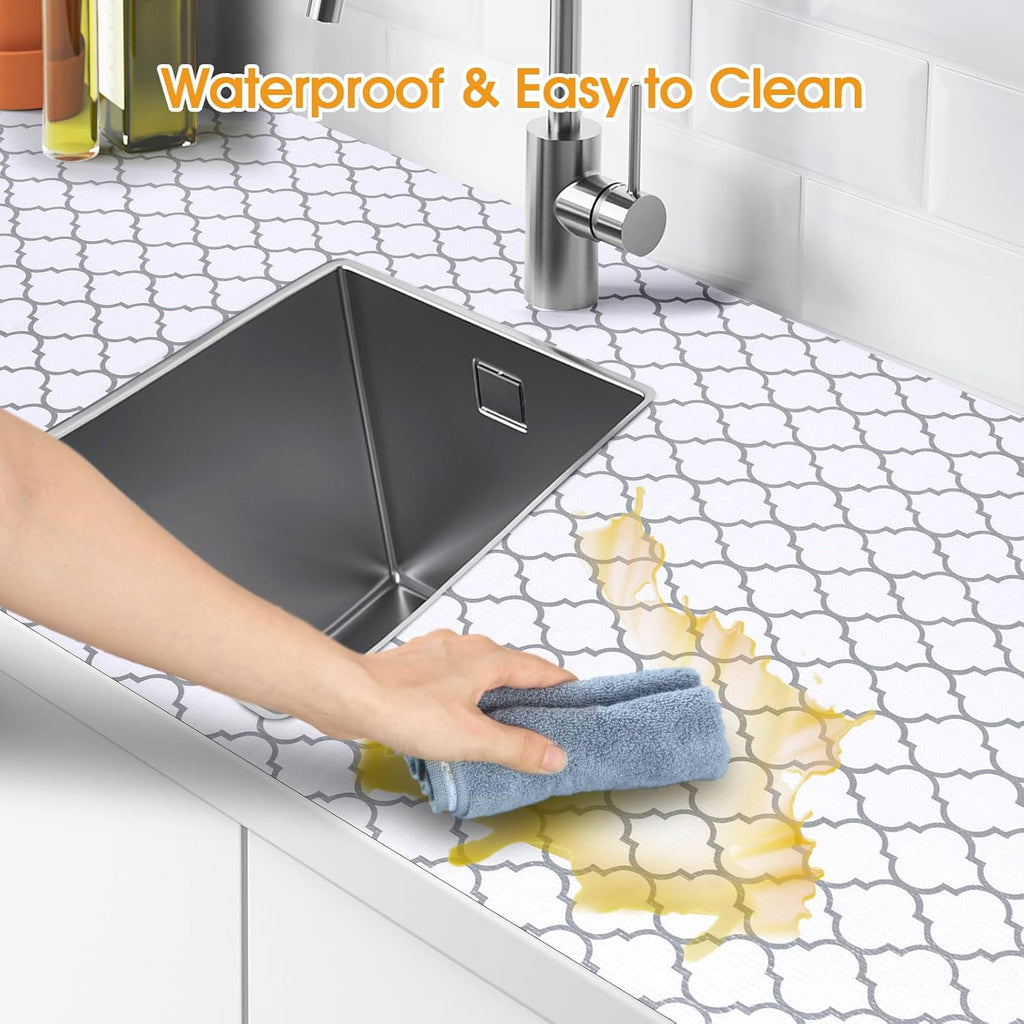 Shelf and Drawer Liner for Kitchen Cabinets Non-Adhesive, Strong Grip Non-Slip Thickened Cabinet Liners for Shelves, Waterproof Mats for Dresser Cupboard, White/Gray, 12 in x 20 Feet