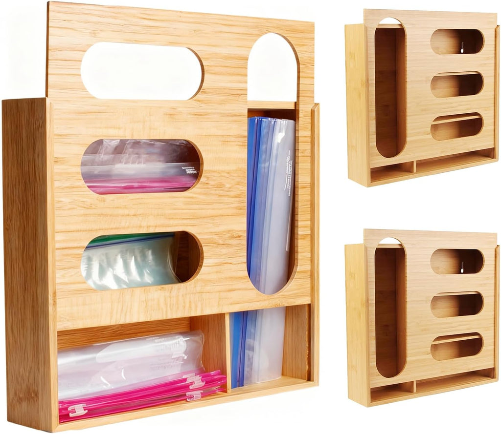 Storage Bag Organizer, Bamboo Ziplock Holder Baggie Organizer for Drawer and Wall Mount, Compatible with Gallon, Quart, Sandwich, Snack,DessertSize Bag (2)