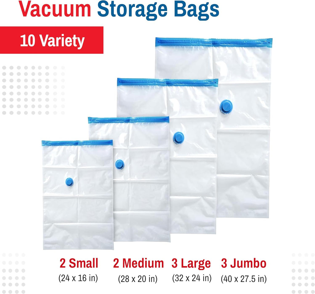 10-Pack Variety Vacuum Storage Bags for Comforters, Blankets & Clothes – Vacuum Sealed Compression Bags with Hand Pump – Space Saver Storage Bags for Bedding,Travel & Organization (2S, 2M, 3L & 3XL)