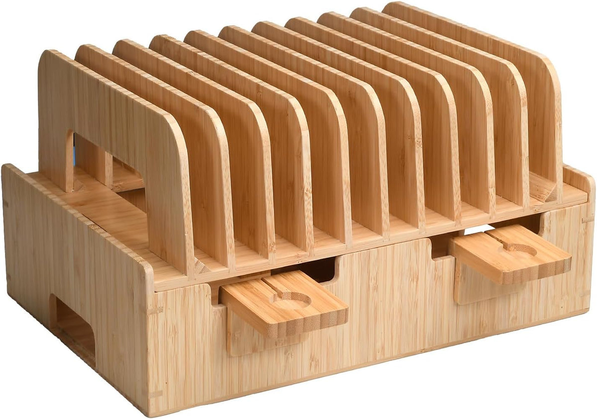 MobileVision Bamboo 12-Port Charging Station & Docking Organizer for Smartphones & Tablets, Family-Sized, for use in Corporate Offices & Classrooms (2 Bamboo Iwatch Adapter Stand add on Included)