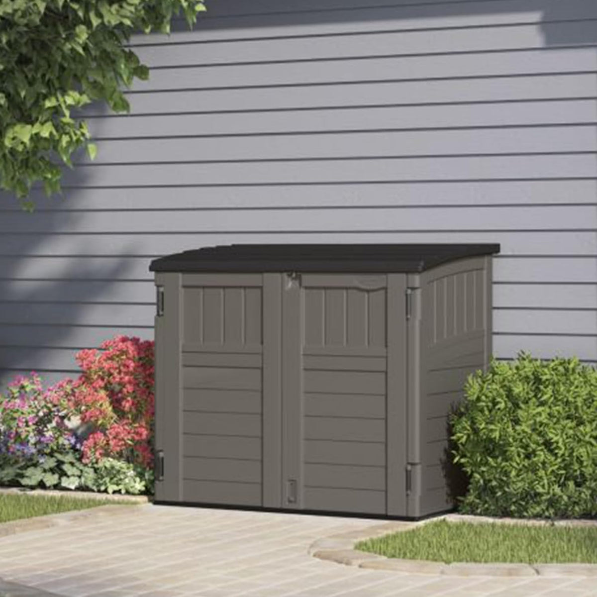 Suncast Outdoor Storage Shed for Backyard and Garden, Horizontal, 4' x 2.5', Stoney Grey - Portable Utility Deck and Cabinet for Tools, Equipment, and Garbage
