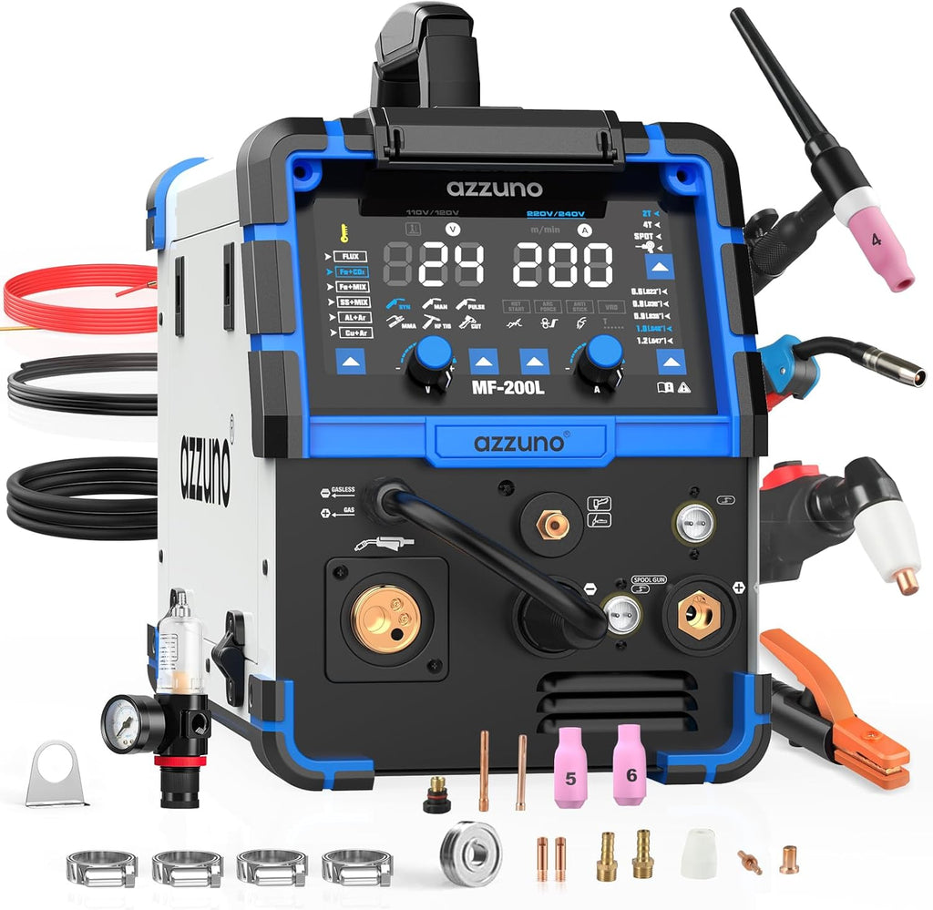 AZZUNO 200A Plasma Cutter Welder Combo, 9 in 1 Multiprocess Welder Machine Gas MIG/PULSE MIG/MAG/Flux Gasless MIG/Spool Gun Compatible/HF TIG/Stick/CUT/SPOT MIG, 110/220V Aluminum MIG Welding Machine