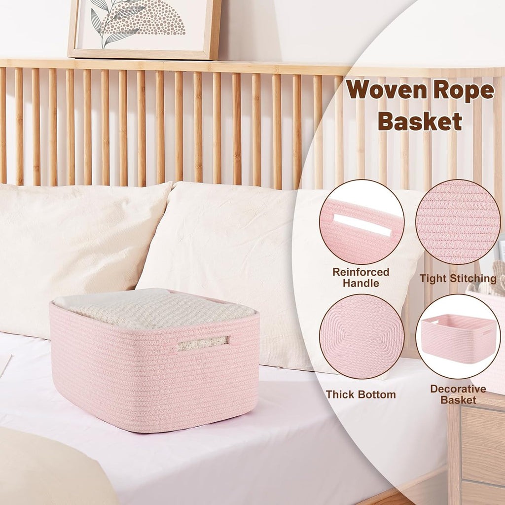 OIAHOMY Storage Basket for Shelves, Closet Cube Storage Bins Baskets for Clothes Blanket Towels, Baby Nursery, Toy Baskets Box, Woven Rope Basket, 15.75*11.81*7.09 IN, 2 Packs Mixed Pink