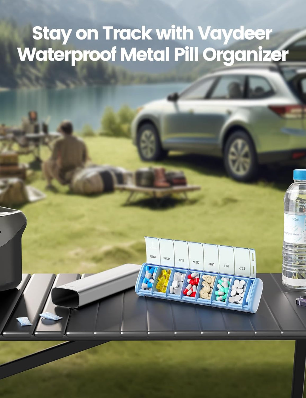 VAYDEER Metal Weekly Pill Organizer – Moisture-Proof Travel Pill Organizer with Built-in Desiccant Chamber and Airtight Lids – Large-Capacity Pill Box for Vitamins, Medicines & Supplements (Rose Gold)
