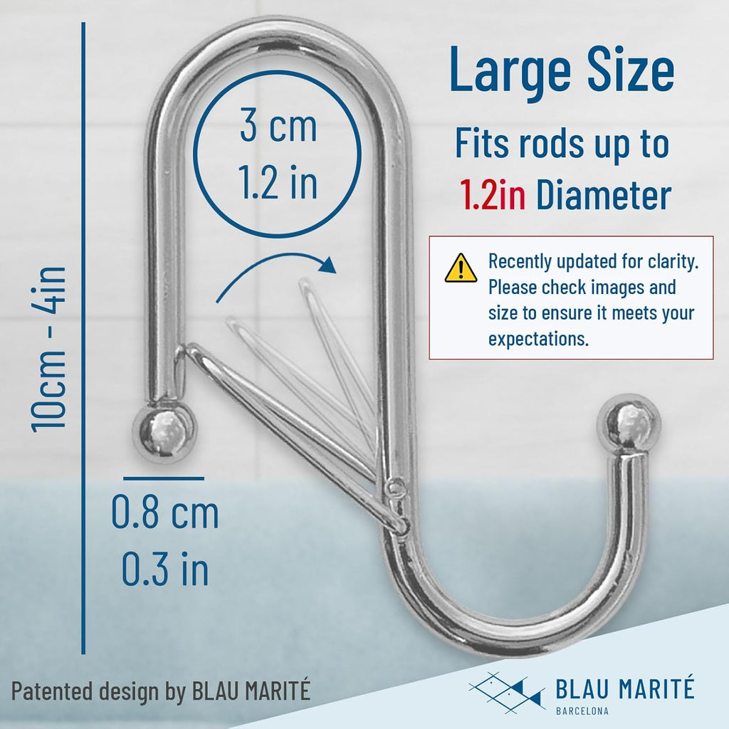 6-Pack Metal S Hooks for Hanging – Heavy-Duty S-Shaped Hook with Safety Buckle – Fits Bars up to 1.2 in – Anti-Drop S-Hooks for Closet, Wardrobes & Storage – Silver (Large)