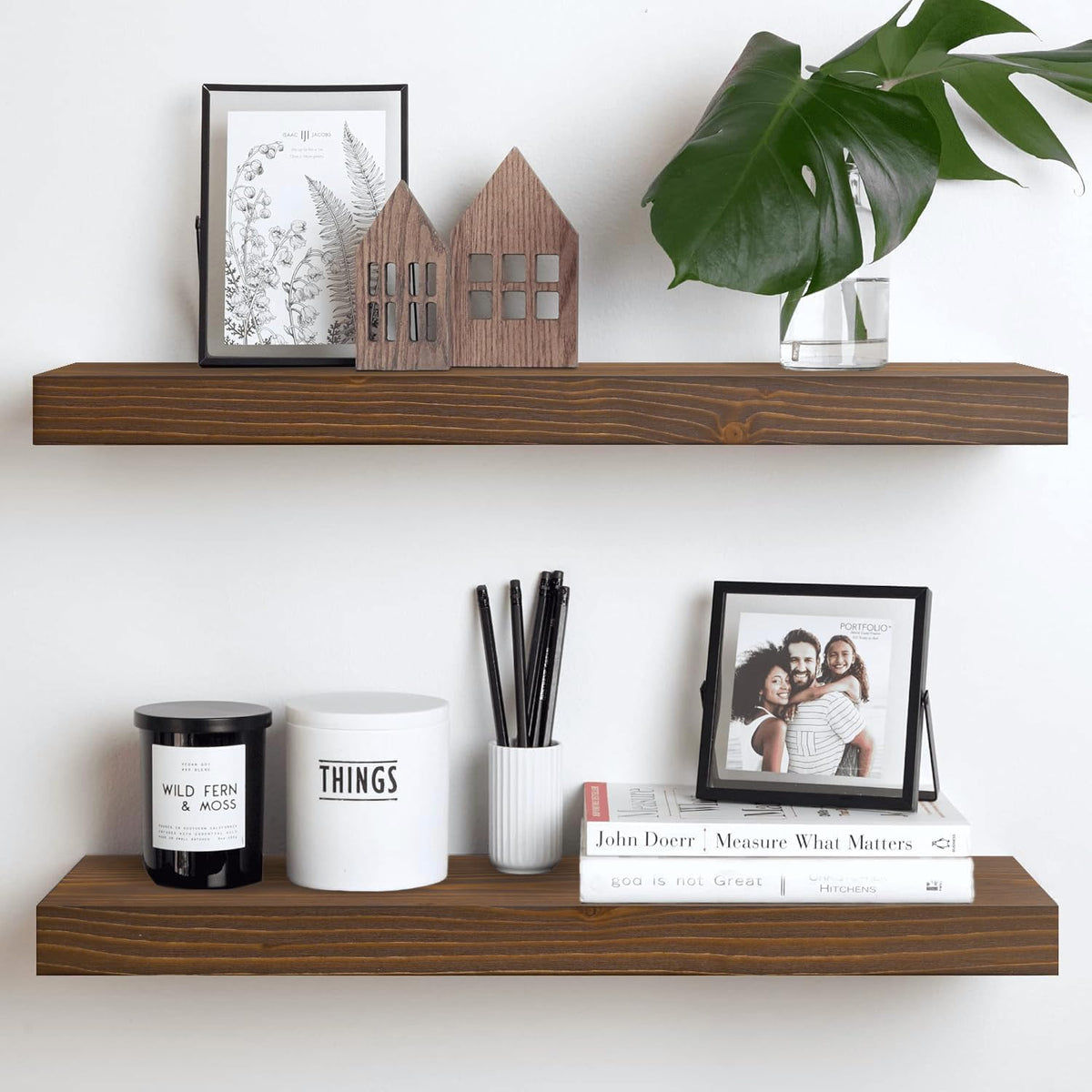 Homeforia Classic Walnut 24 inch Floating Shelf, High End Solid Real Wood Small 24inch Floating Shelves for Wall Mounted, 24in Floating Shelves, Heavy Duty Bracket, 24 X 6.5 X 1.75 inches, Set of 2