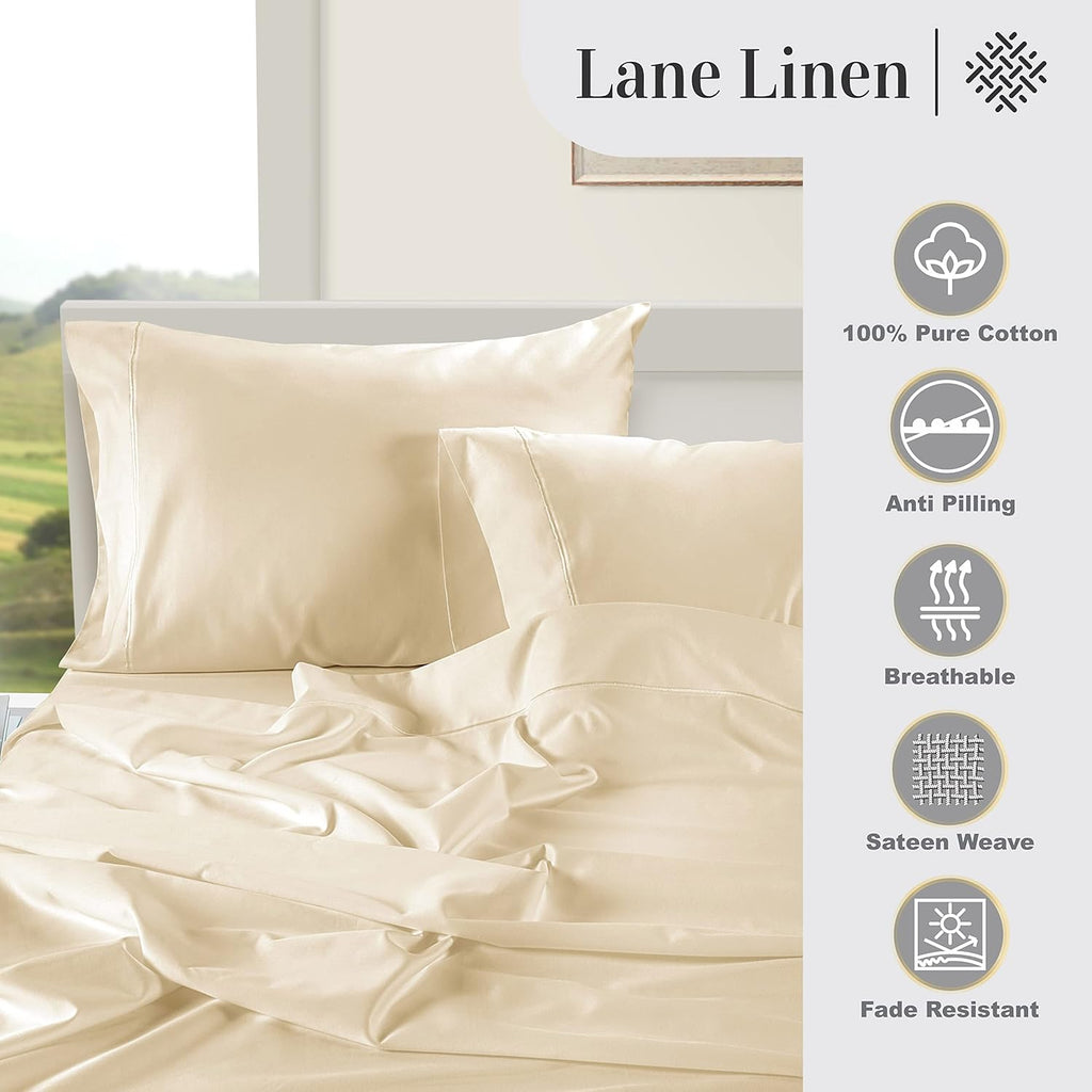 LANE LINEN Pillow Case Covers King Set of 2 100% Egyptian Cotton Sateen Soft Cool & Smooth 1000 Thread Count Cases - Ivory