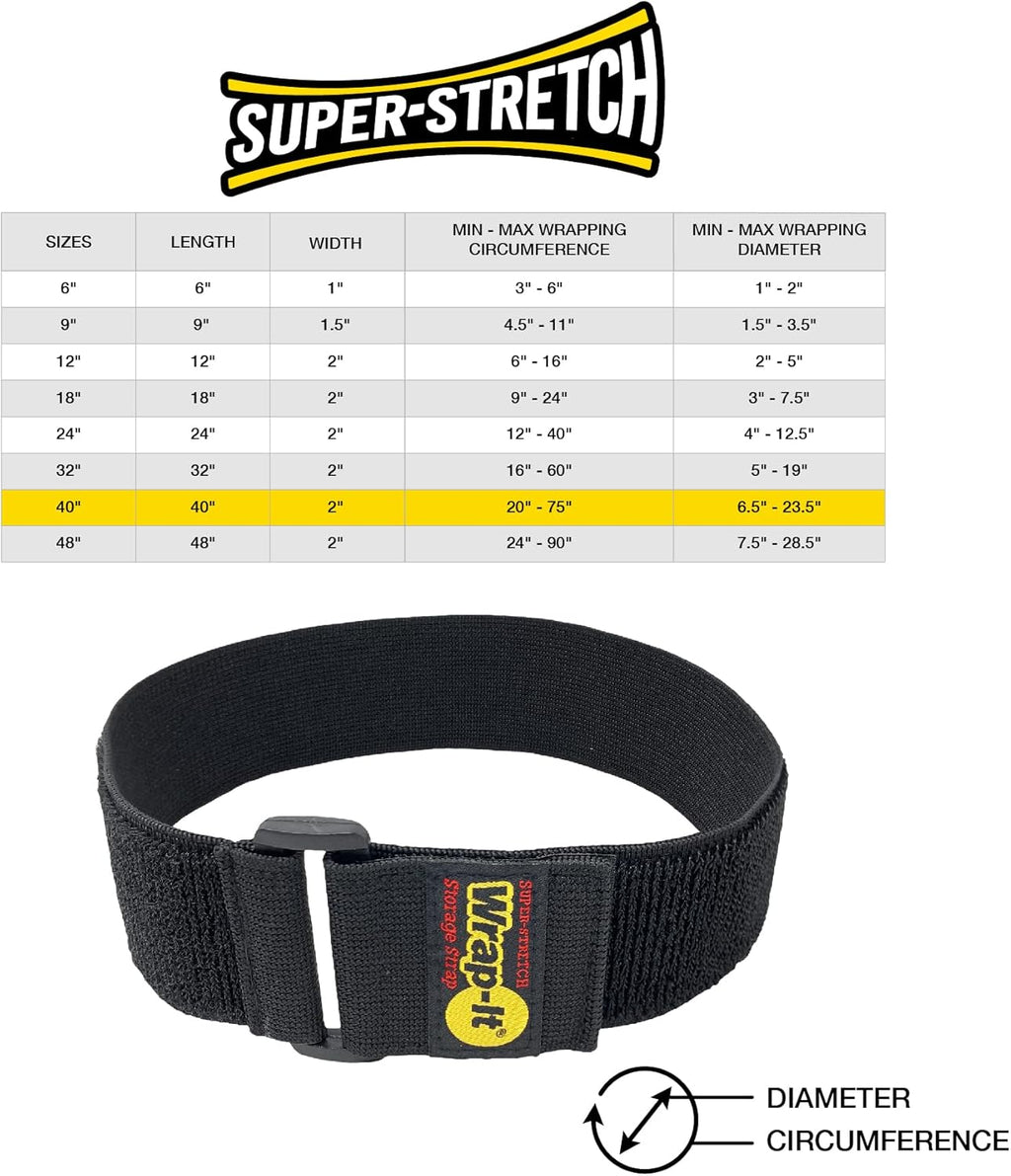 Super-Stretch Wrap-It Storage Straps, 40-in x 2-in (3-Pack) - Elastic Hook and Loop Cinch Straps - Pool Hose and Cable Straps, Garage and RV Storage Accessories
