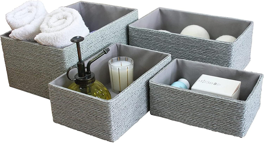 LA JOLIE MUSE Storage Baskets Set 4 - Stackable Woven Basket Paper Rope Bin, Storage Boxes for Makeup Closet Bathroom Bedroom (Gray)