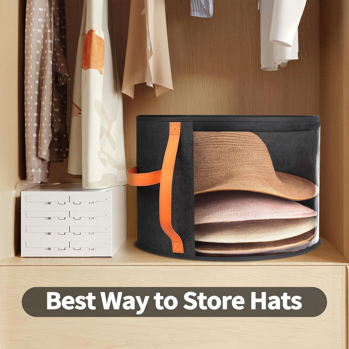 Oversized Clear Hat Storage Box for Women, Cowboy Hat Organizer for Closet, Wide Brims Hat Case with Carrying Handles, Hat Bag (Black)