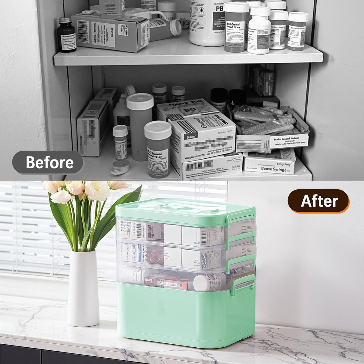 4-Tier Portable Medicine Cabinet Organizer, Large Medicine Storage Box with Handle, Plastic First Aid Box Empty, Multipurpose Medical Supply Organizer, Medication Storage with 3 Removable Tray (Green)
