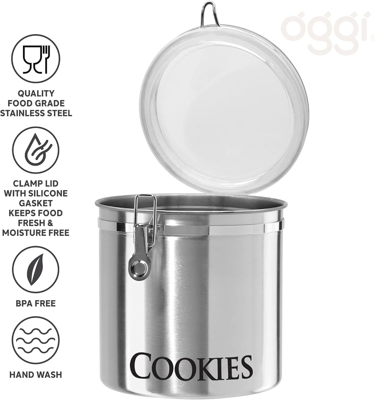 Oggi Jumbo 8" Stainless Steel Cookies Clamp Canister - Airtight Food Storage Container Ideal for Kitchen & Pantry Storage of Cookies or other Bulk, Dry Foods.
