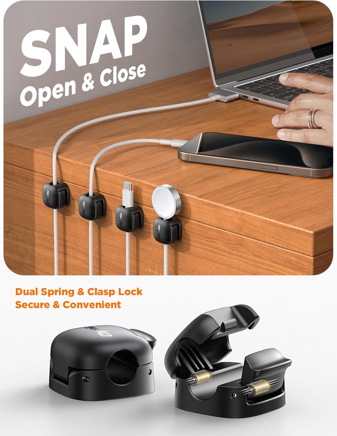 6Pack Cord Organizer - Chfeila [Dual Spring & Clasp Lock] Cable Management Clips, Adhesive Phone Charger Keeper, Compact Wire Holder for Nightstand/Car, Home Office Desk Accessories Decor Essentials
