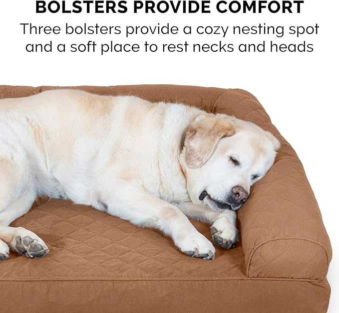 Furhaven Cooling Gel Dog Bed for Medium/Small Dogs w/ Removable Bolsters & Washable Cover, For Dogs Up to 35 lbs - Quilted Sofa - Toasted Brown, Medium