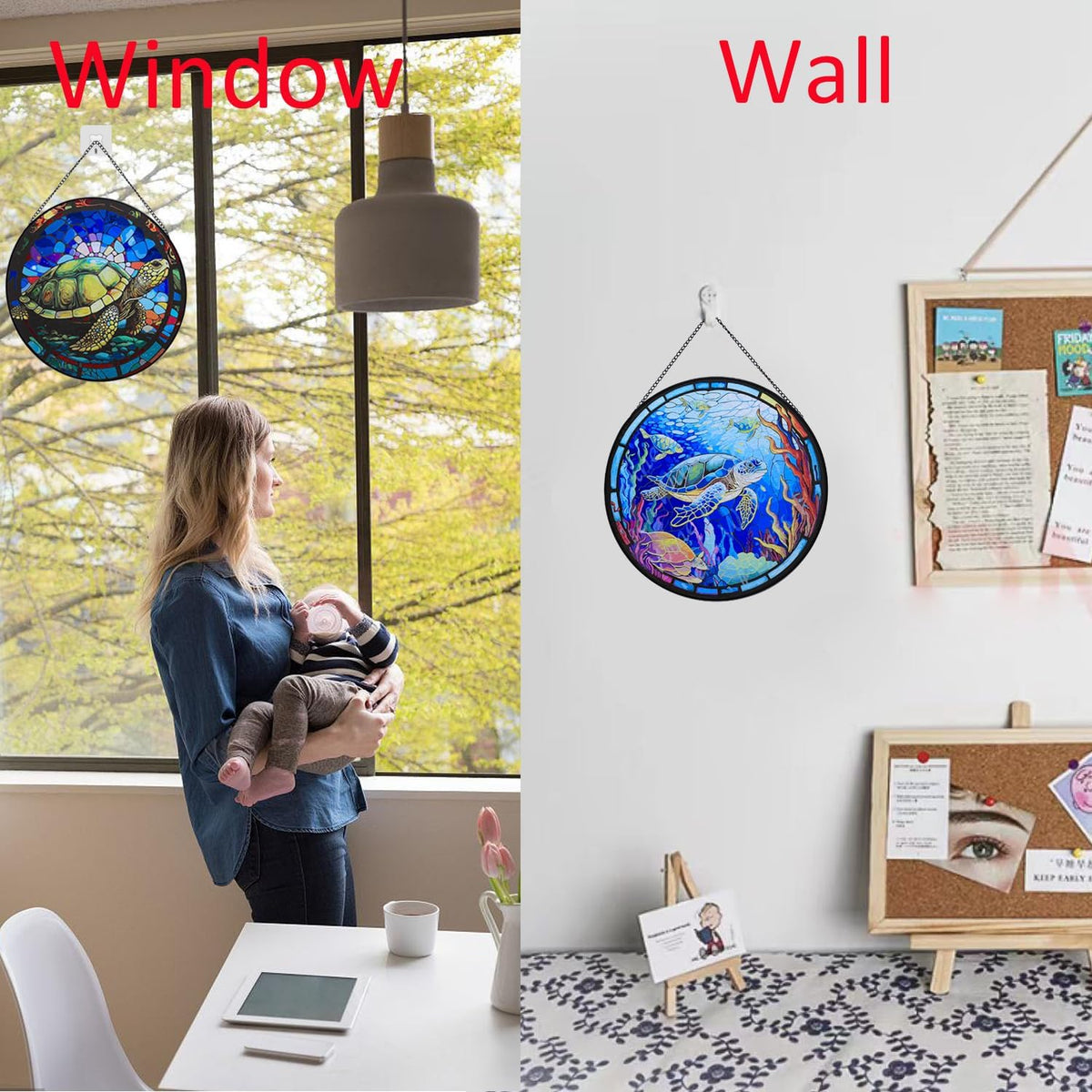 Hanging Stained Glass for Windows,20cm/7.87 inch Turtle Hand-Painted Glass Panel Window Hanging Suncatchers Christmas Ornaments Home Courtyard Decor,Housewarming Gift (Style B)