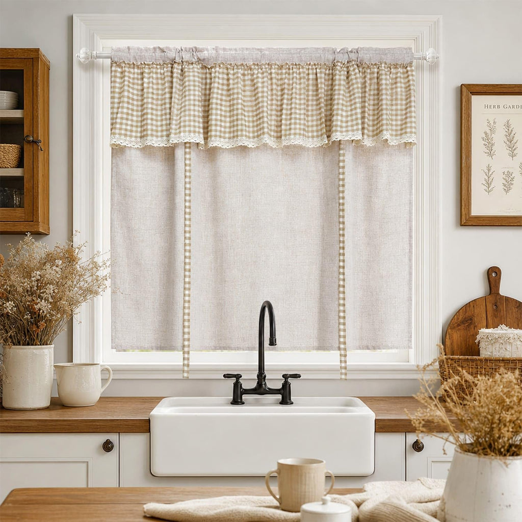 1 Panel Rod Pocket Tie Up Roman Curtain Khaki Gingham Lace Valance | Top Linen Blend Adjustable Lift Cafe Curtain, Light Filtering Privacy Short Window Curtain for Kitchen Farmhouse W55 x L63 in