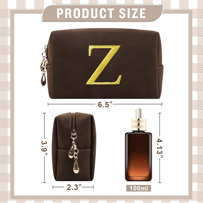 Personalized Initial Makeup Bag,Preppy Suede Cosmetic Bag for Teen Girls,Small Monogram Travel Toiletry Bag With Gold Embroidered Letter,Trendy Stuff Custom Christmas Gift for Women(Coffee-Z)