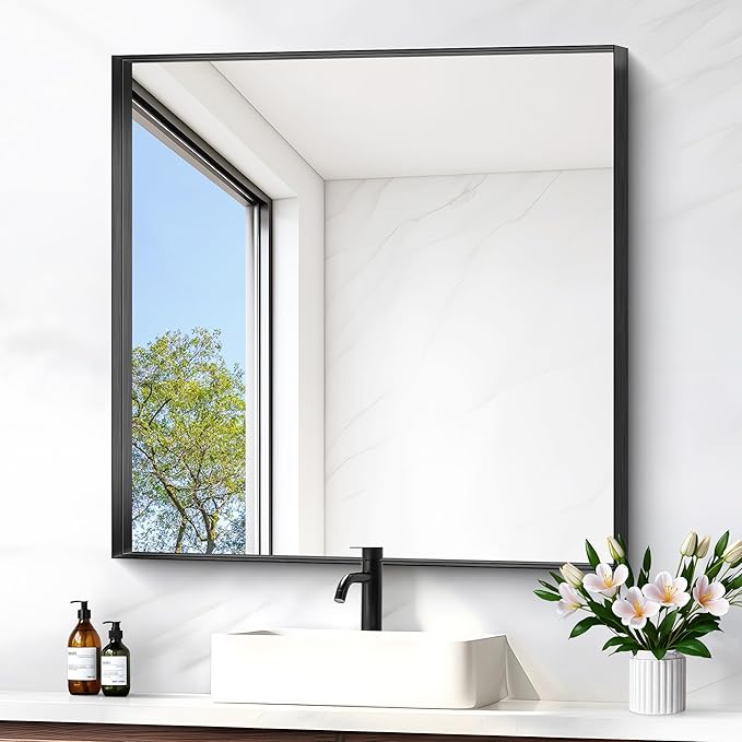 Black Bathroom Mirror, 30x30 Inch Rectangular Framed Mirror, Large Wall Mounted