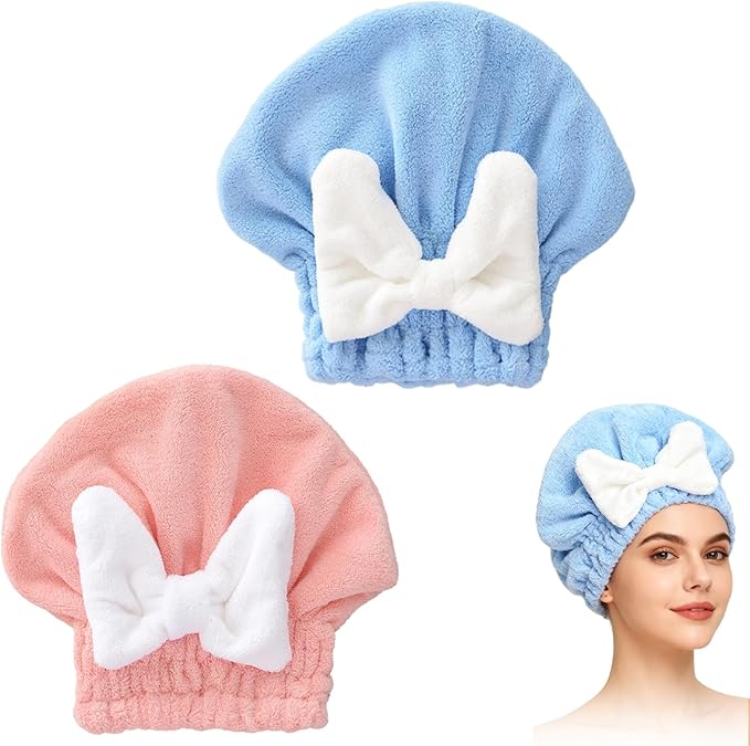 2Pcs Super Absorbent Hair Towel Wrap for Wet Hair, Microfiber Hair Towel Wrap Quick-Drying Thickened Hair Towels, Soft Bow Tie Wet Hair Towels Wrap for Women Girls (Pink+Blue)