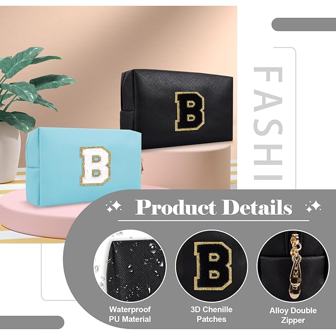 Personalized Initial A-Z Preppy Patch Makeup Bag,Small PU Chenille Letter Cosmetic Bag with Zipper for Teen Girls,Black Cute Toiletry Organizer Bag,Monogram Makeup Case Gift for Women Girls,Letter B