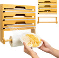 Navaris 4 in 1 Plastic Wrap Dispenser with Cutter - Space Saving Kitchen Roll Storage Foil Organizer for Drawer - Bamboo Kitchen Wrap Paper Roll Baking Paper and Aluminum Holder