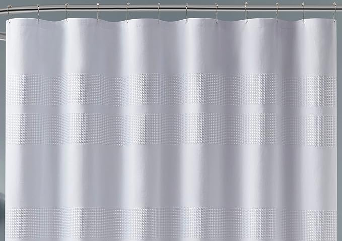Warm Home Designs White Waffle Shower Curtain with Fabric Stripes 70 x 72 Inches. Striped Shower Curtains for Bathroom. W White 72"