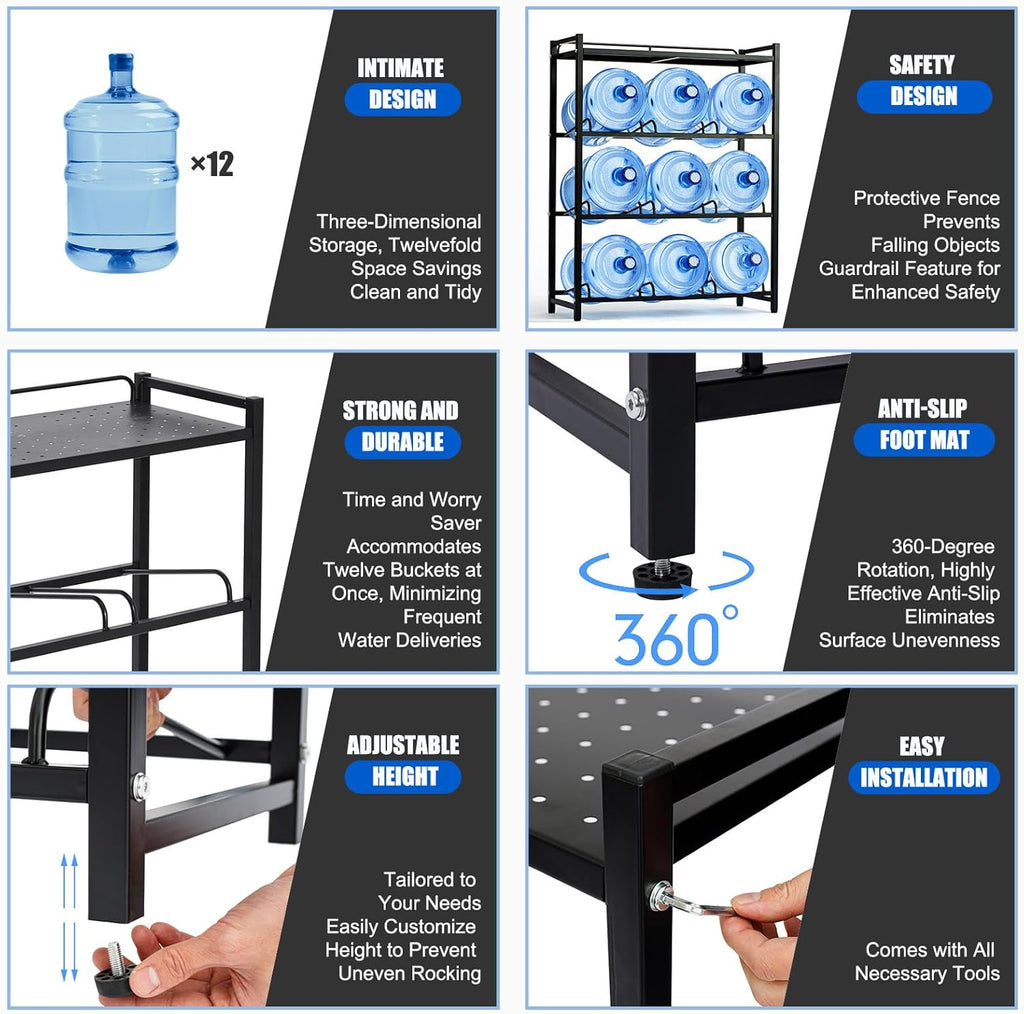5 Gallon Water Bottle Holder 9-Tray 3/5 Gallon Water Jug Rack with Top Shelf Heavy Duty 5 Gallon Water Jug Stand for Kitchen, Office, Garage, Black