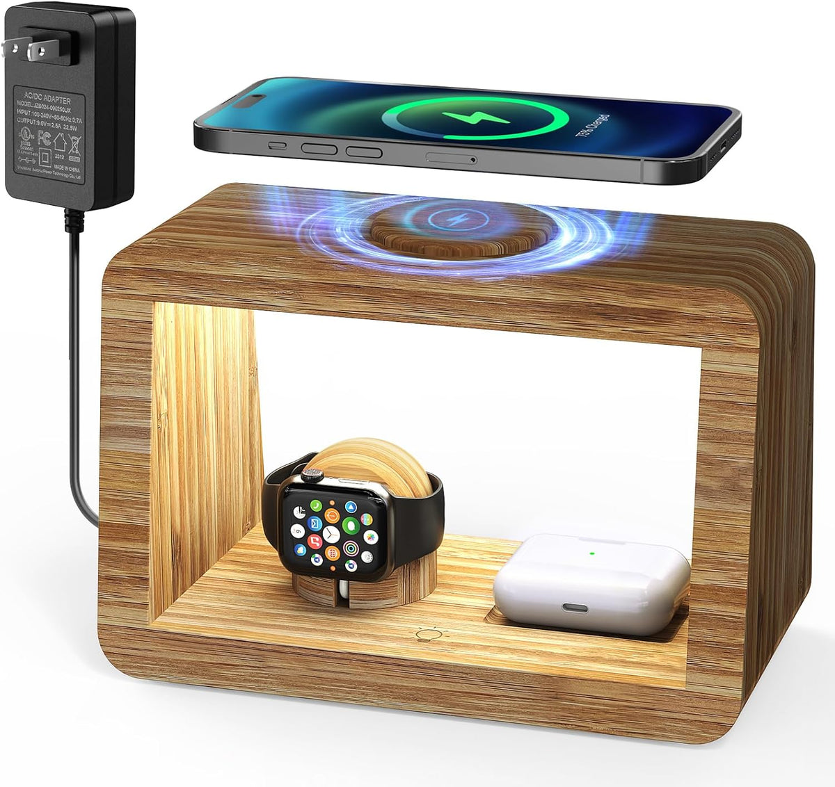 Bamboo Wireless Charging Station: 4-in-1Wireless Charger with Night Lights - Fast Charging Stand Compatible with iPhone 17/16/15/14/13/12 Pro Max/X/Xs Max/8, AirPods Pro, Watch Series